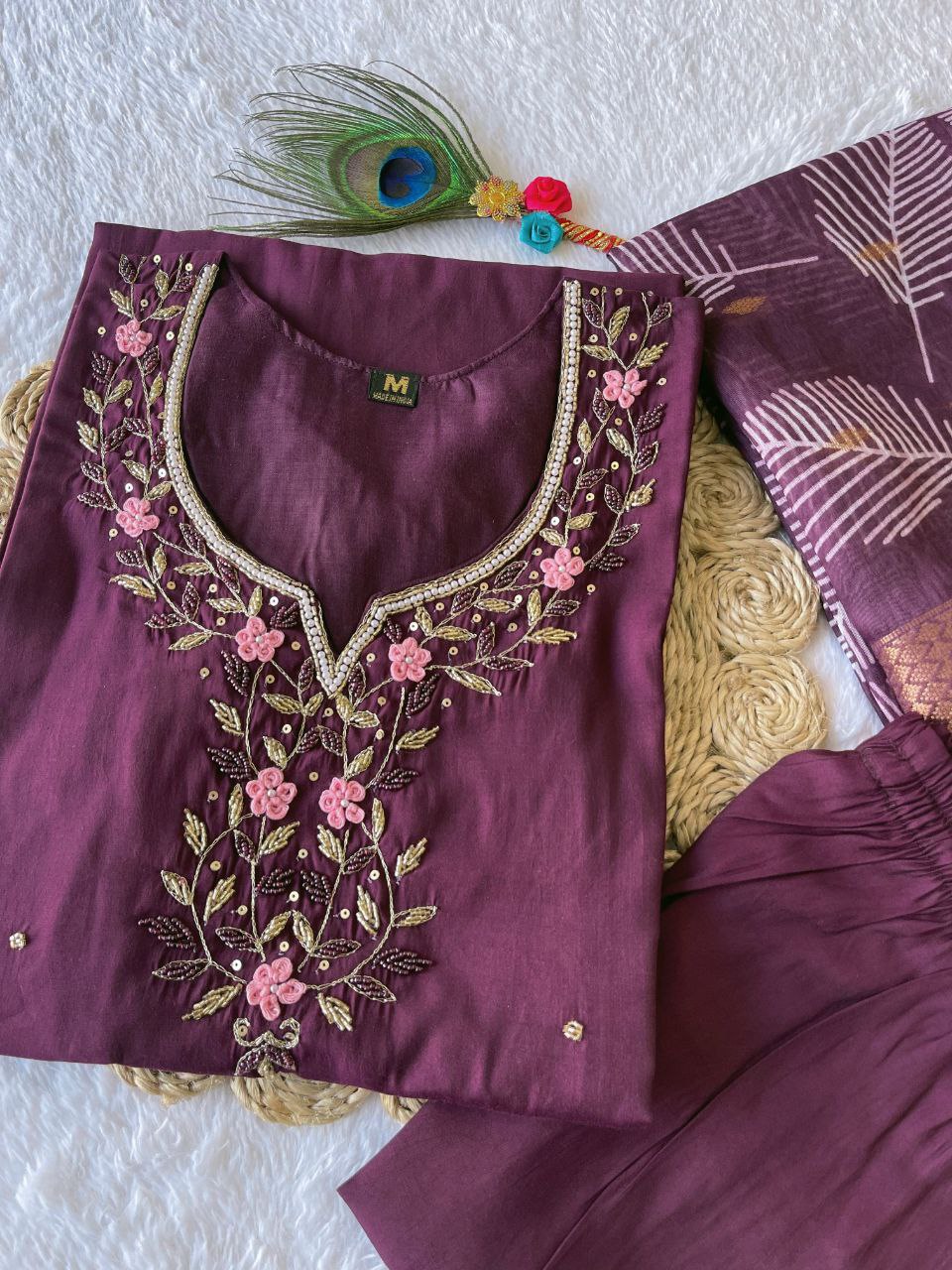 Arresting Wine Roman Silk Handworked Kurta Pant Dupatta Set - INDIAN ELEGANCE