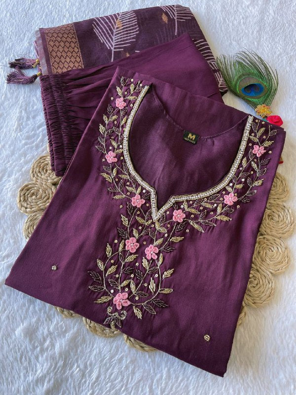 Arresting Wine Roman Silk Handworked Kurta Pant Dupatta Set - INDIAN ELEGANCE