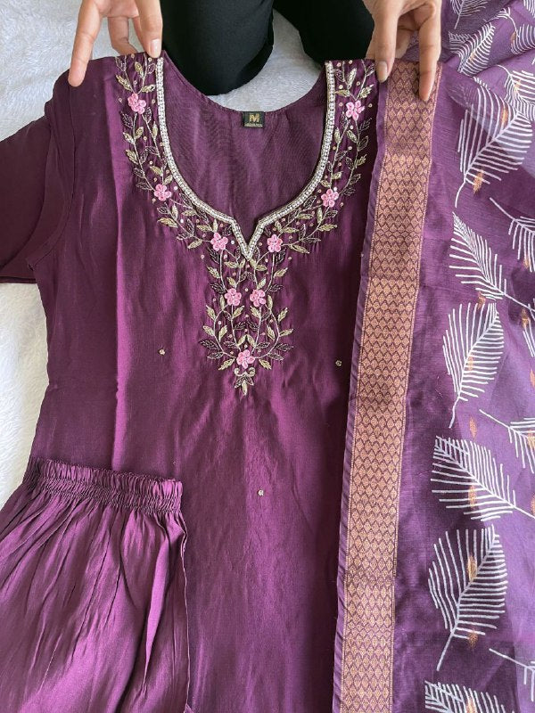 Arresting Wine Roman Silk Handworked Kurta Pant Dupatta Set - INDIAN ELEGANCE