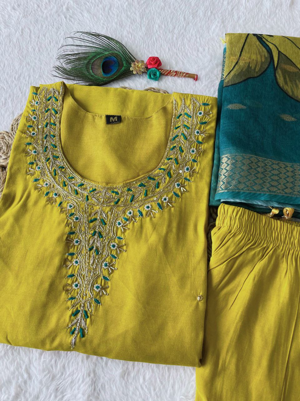 Fetching Lemon Yellow Roman Silk Handworked Kurta Pant Dupatta Set - INDIAN ELEGANCE