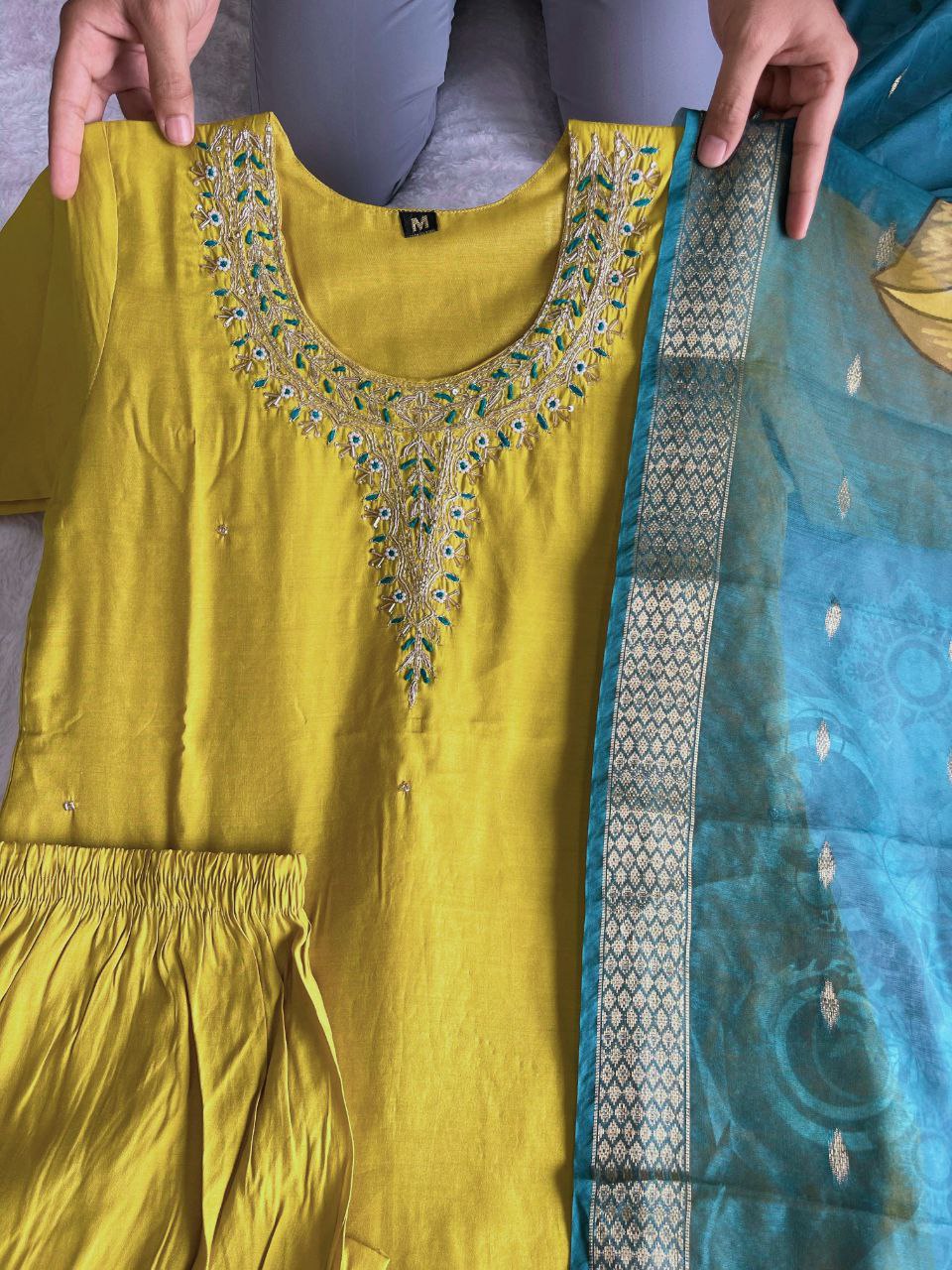 Fetching Lemon Yellow Roman Silk Handworked Kurta Pant Dupatta Set - INDIAN ELEGANCE