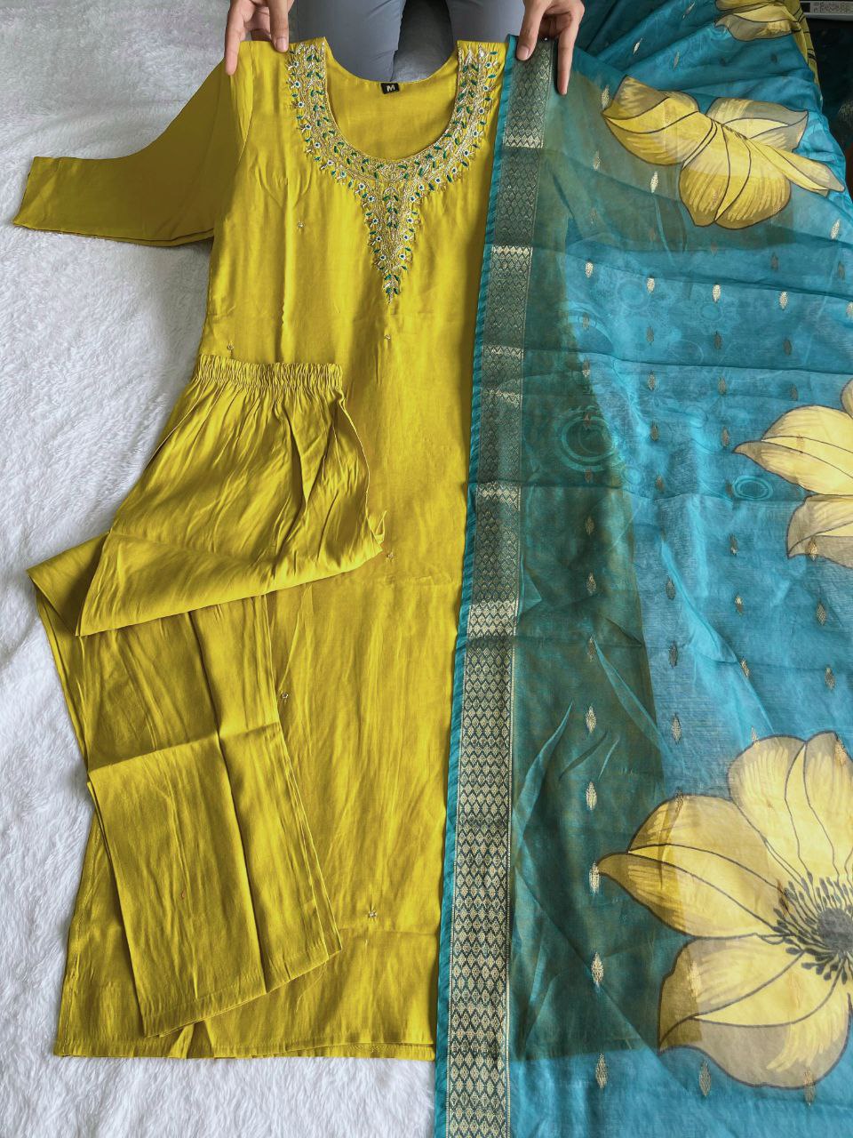 Fetching Lemon Yellow Roman Silk Handworked Kurta Pant Dupatta Set - INDIAN ELEGANCE