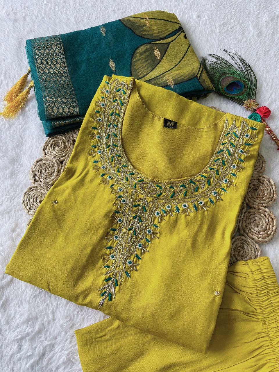 Fetching Lemon Yellow Roman Silk Handworked Kurta Pant Dupatta Set - INDIAN ELEGANCE