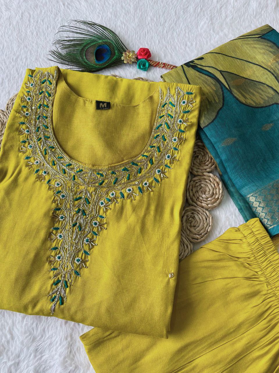 Fetching Lemon Yellow Roman Silk Handworked Kurta Pant Dupatta Set - INDIAN ELEGANCE