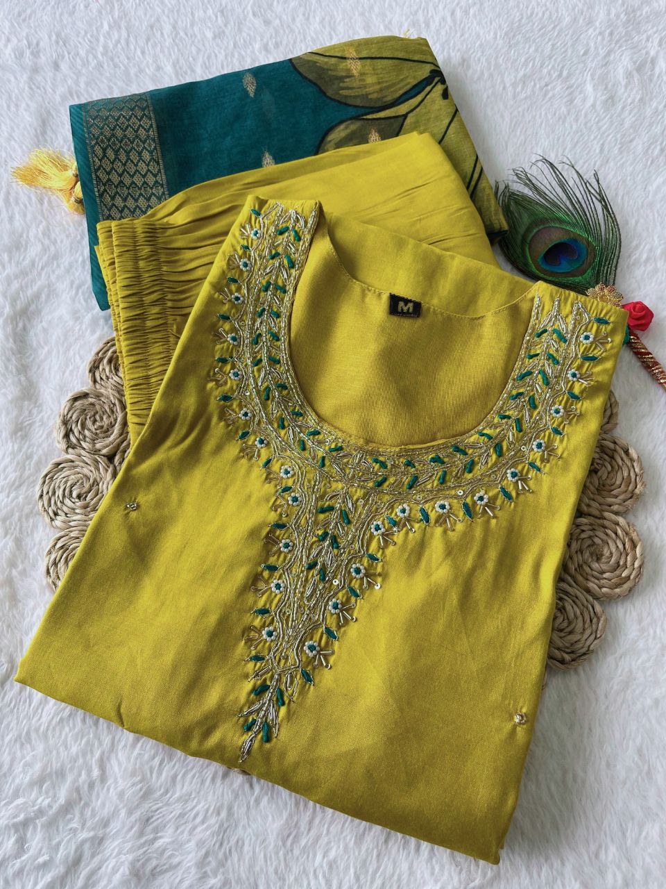 Fetching Lemon Yellow Roman Silk Handworked Kurta Pant Dupatta Set - INDIAN ELEGANCE
