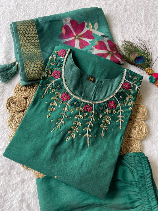 Hypnotic Green Roman Silk Handworked Kurta Pant Dupatta Set - INDIAN ELEGANCE