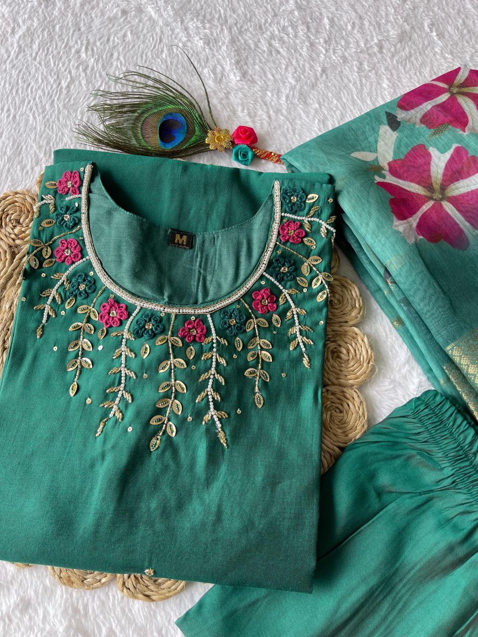 Hypnotic Green Roman Silk Handworked Kurta Pant Dupatta Set - INDIAN ELEGANCE