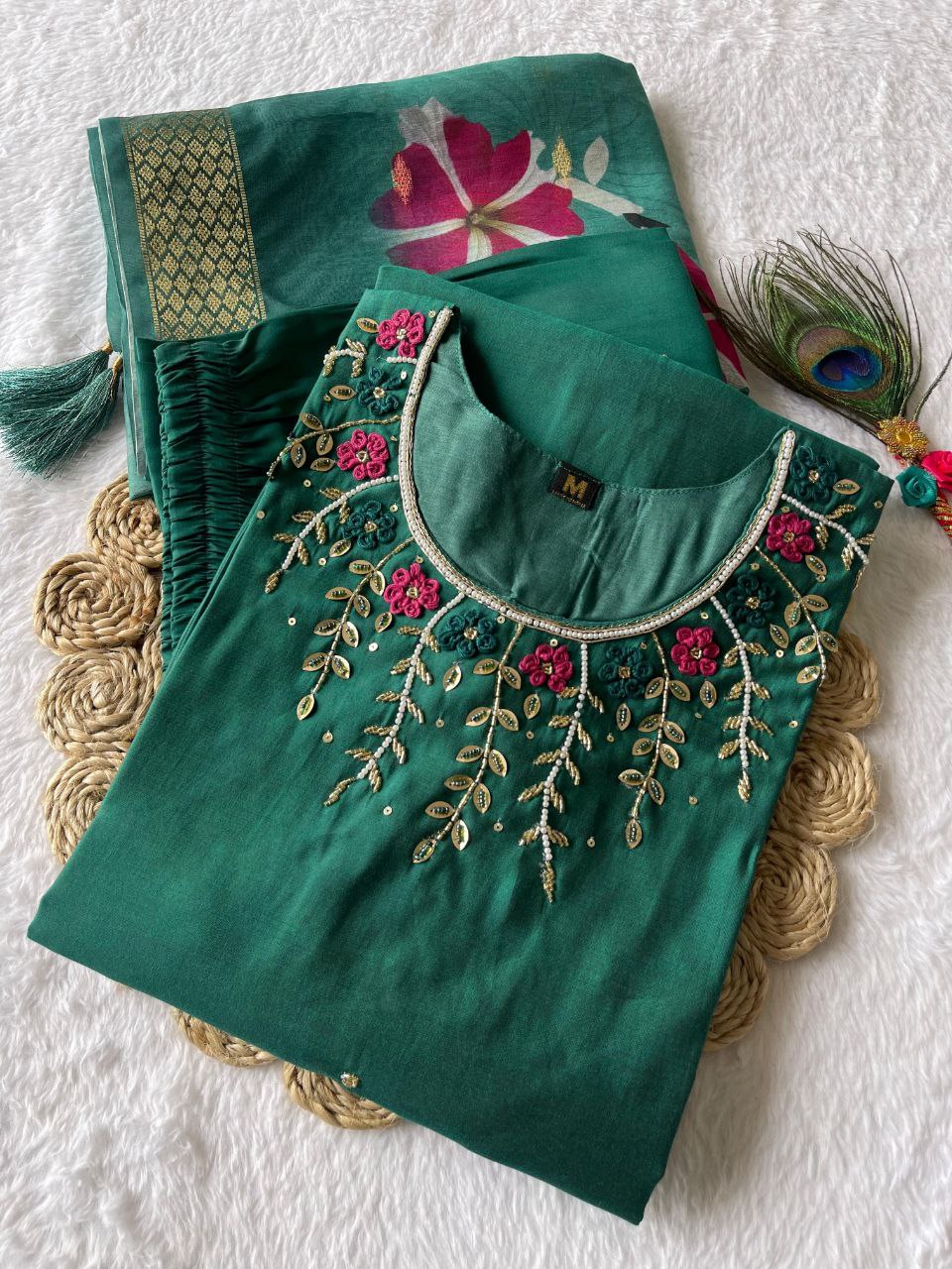 Hypnotic Green Roman Silk Handworked Kurta Pant Dupatta Set - INDIAN ELEGANCE