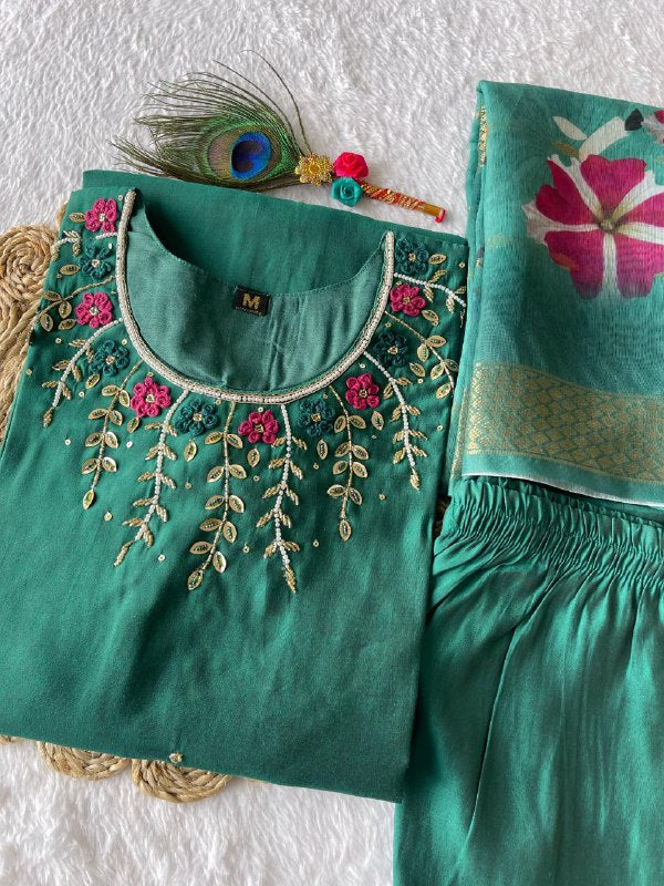 Hypnotic Green Roman Silk Handworked Kurta Pant Dupatta Set - INDIAN ELEGANCE
