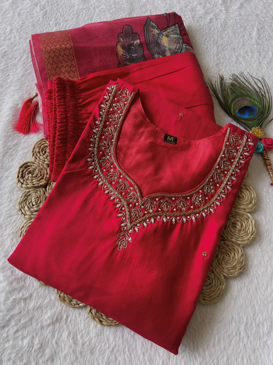 Stunning Tomato Red Roman Silk Handworked Kurta Pant Dupatta Set - INDIAN ELEGANCE
