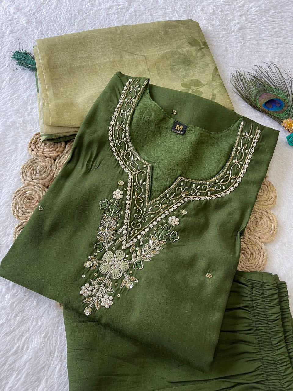 Sublime Dark Mehendi Roman Silk Handworked Kurta Pant Dupatta Set - INDIAN ELEGANCE