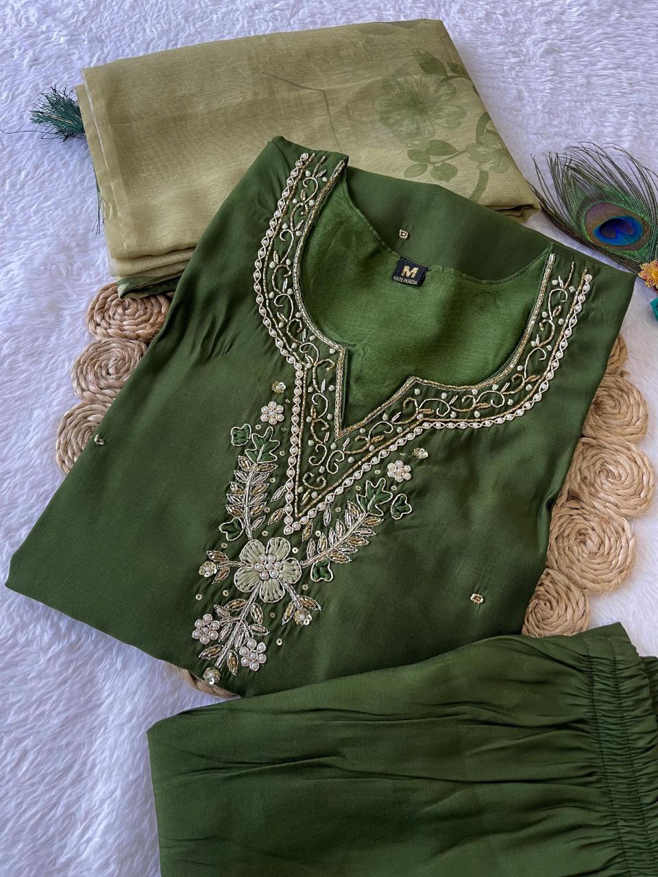 Sublime Dark Mehendi Roman Silk Handworked Kurta Pant Dupatta Set - INDIAN ELEGANCE