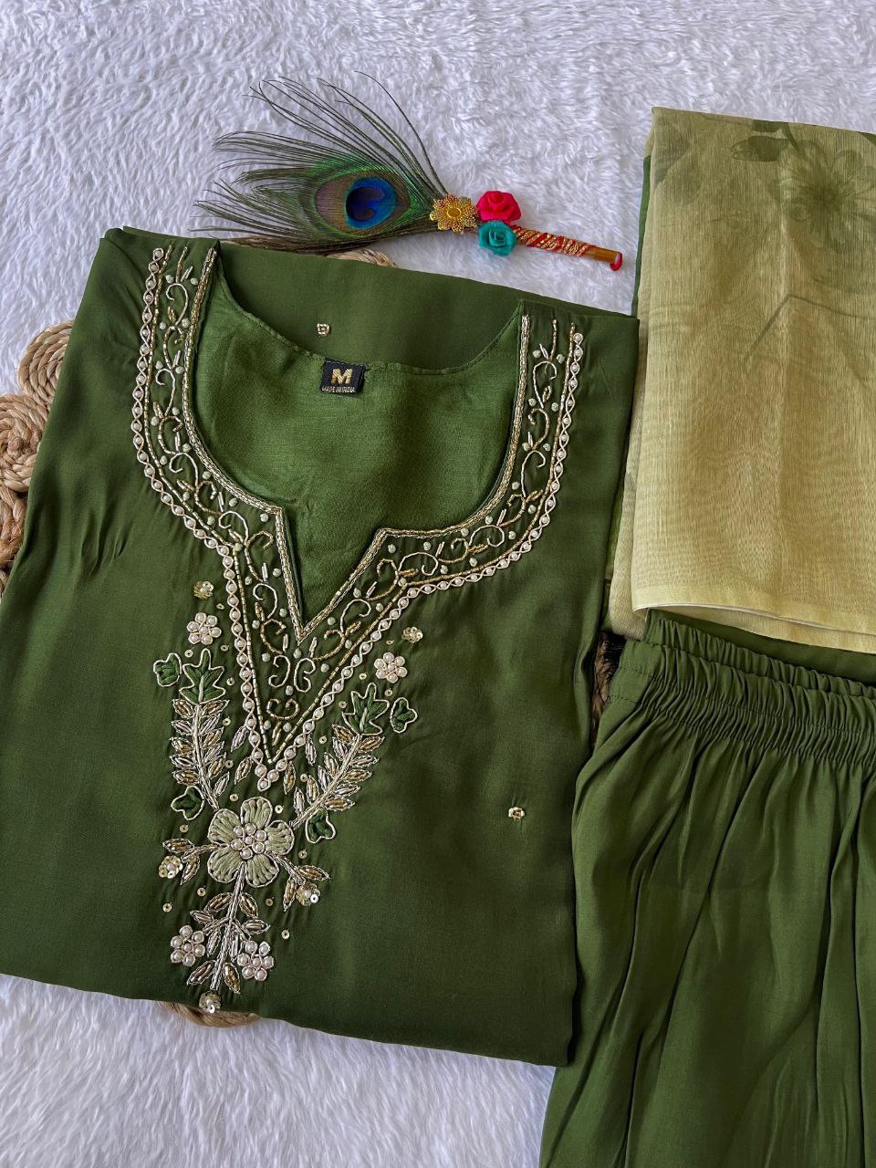 Sublime Dark Mehendi Roman Silk Handworked Kurta Pant Dupatta Set - INDIAN ELEGANCE