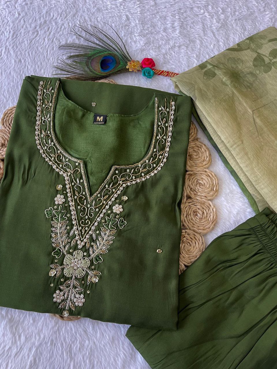 Sublime Dark Mehendi Roman Silk Handworked Kurta Pant Dupatta Set - INDIAN ELEGANCE