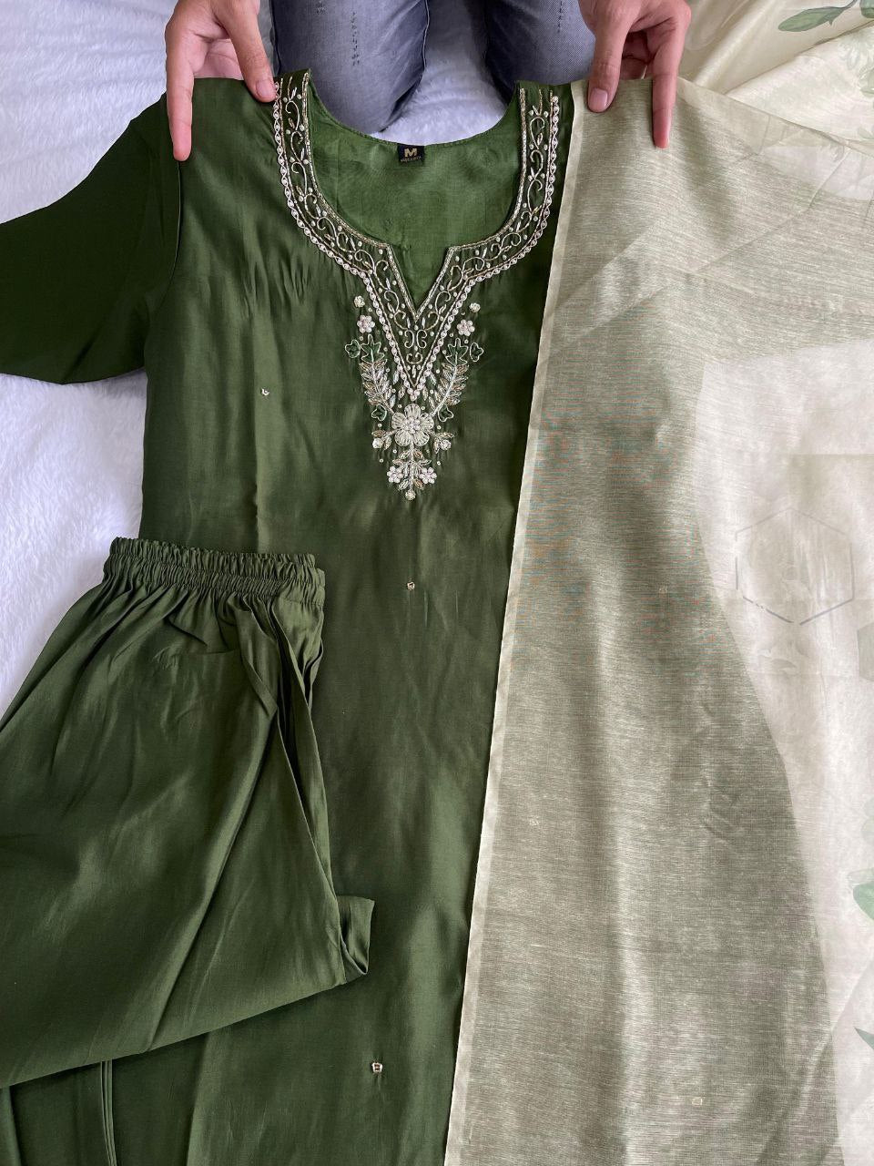 Sublime Dark Mehendi Roman Silk Handworked Kurta Pant Dupatta Set - INDIAN ELEGANCE