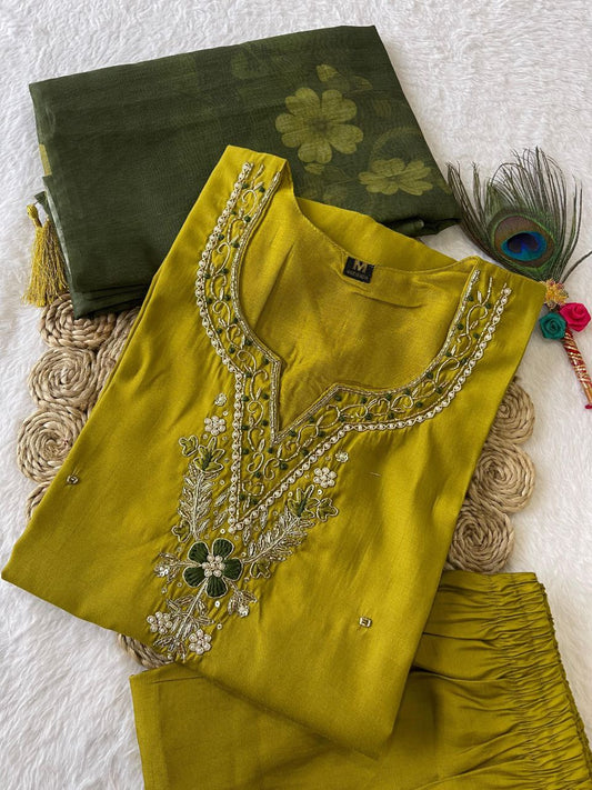Fabulous Parrot Green Roman Silk Handworked Kurta Pant Dupatta Set - INDIAN ELEGANCE