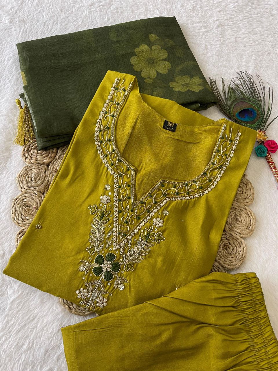 Fabulous Parrot Green Roman Silk Handworked Kurta Pant Dupatta Set - INDIAN ELEGANCE
