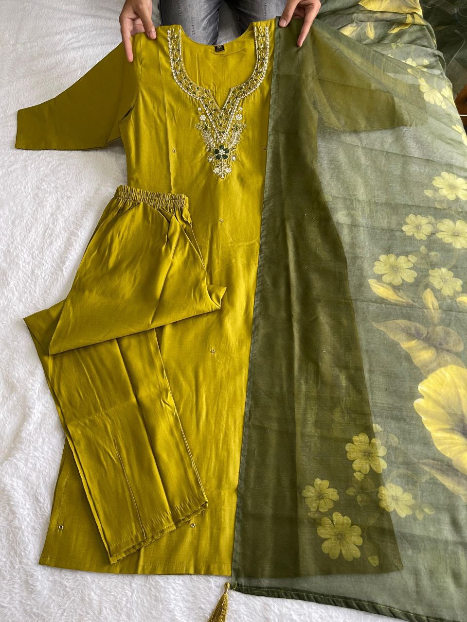 Fabulous Parrot Green Roman Silk Handworked Kurta Pant Dupatta Set - INDIAN ELEGANCE