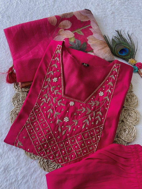 Chic Rani Pink Roman Silk Handworked Kurta Pant Dupatta Set - INDIAN ELEGANCE