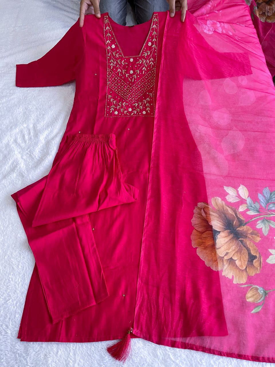 Chic Rani Pink Roman Silk Handworked Kurta Pant Dupatta Set - INDIAN ELEGANCE