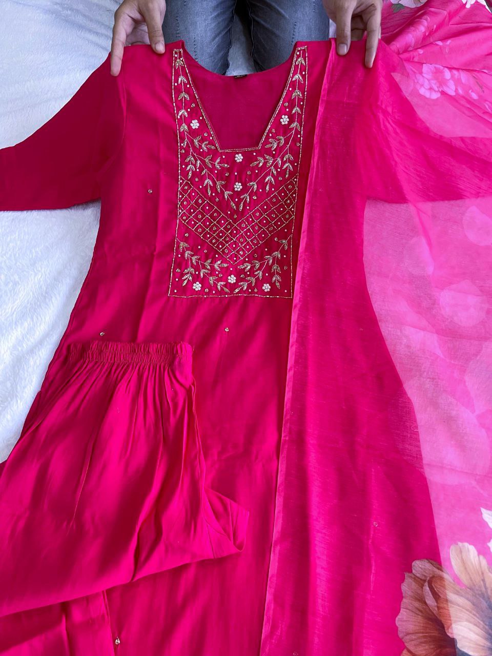 Chic Rani Pink Roman Silk Handworked Kurta Pant Dupatta Set - INDIAN ELEGANCE