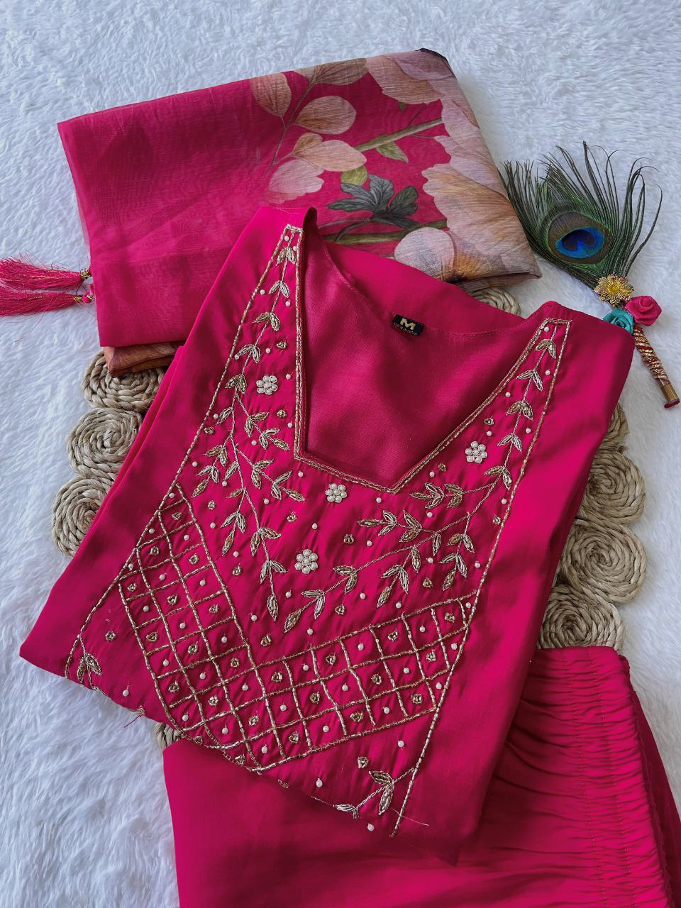 Chic Rani Pink Roman Silk Handworked Kurta Pant Dupatta Set - INDIAN ELEGANCE