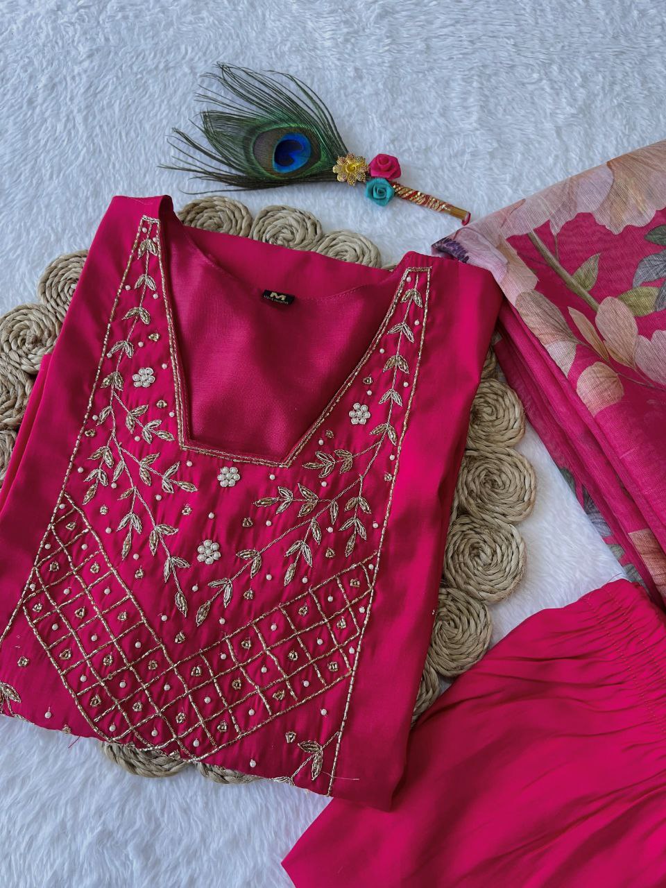 Chic Rani Pink Roman Silk Handworked Kurta Pant Dupatta Set - INDIAN ELEGANCE