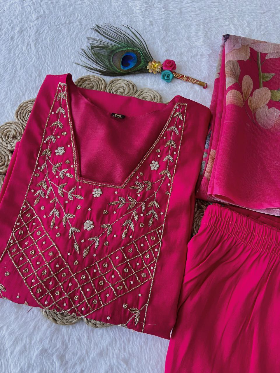 Chic Rani Pink Roman Silk Handworked Kurta Pant Dupatta Set - INDIAN ELEGANCE