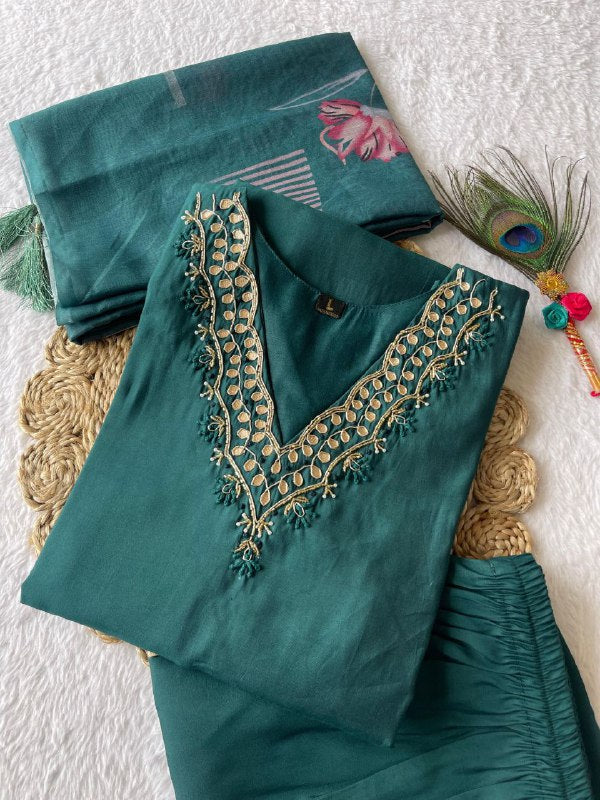 Ravishing Dark Rama Roman Silk Handworked Kurta Pant Dupatta Set - INDIAN ELEGANCE