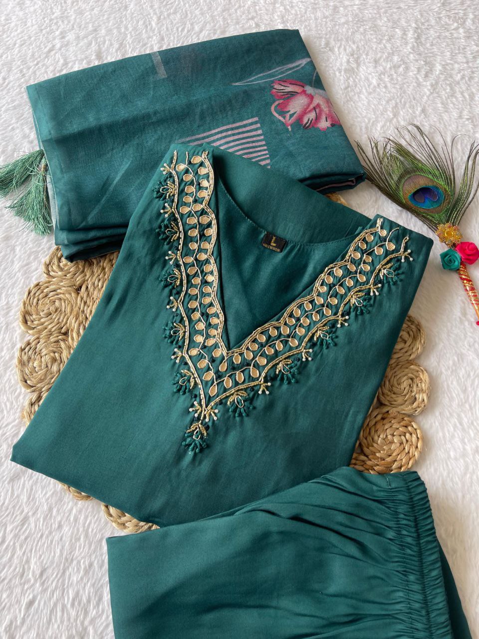 Ravishing Dark Rama Roman Silk Handworked Kurta Pant Dupatta Set - INDIAN ELEGANCE