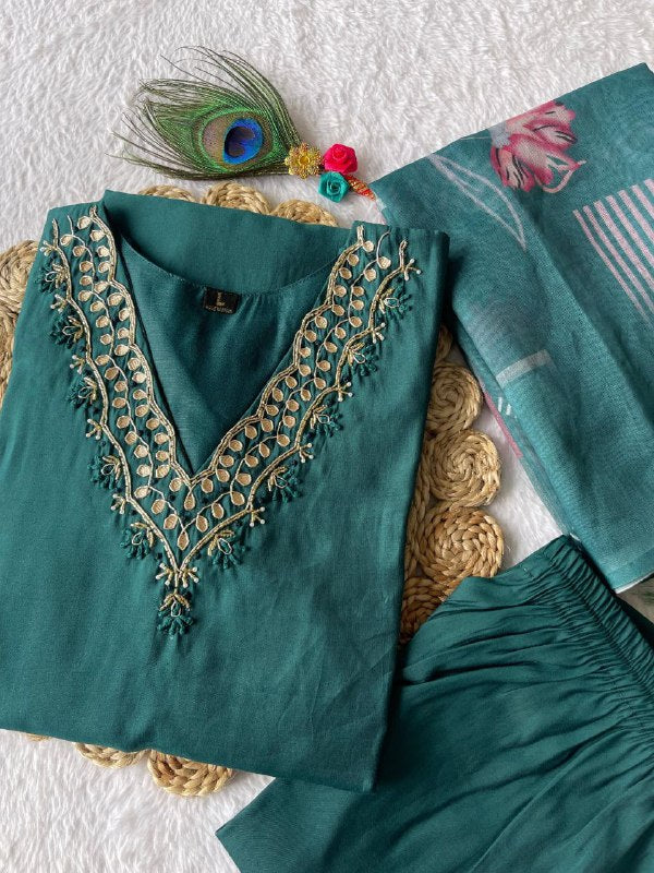 Ravishing Dark Rama Roman Silk Handworked Kurta Pant Dupatta Set - INDIAN ELEGANCE