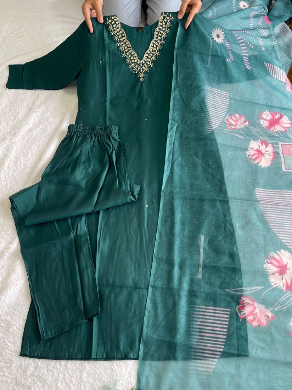 Ravishing Dark Rama Roman Silk Handworked Kurta Pant Dupatta Set - INDIAN ELEGANCE