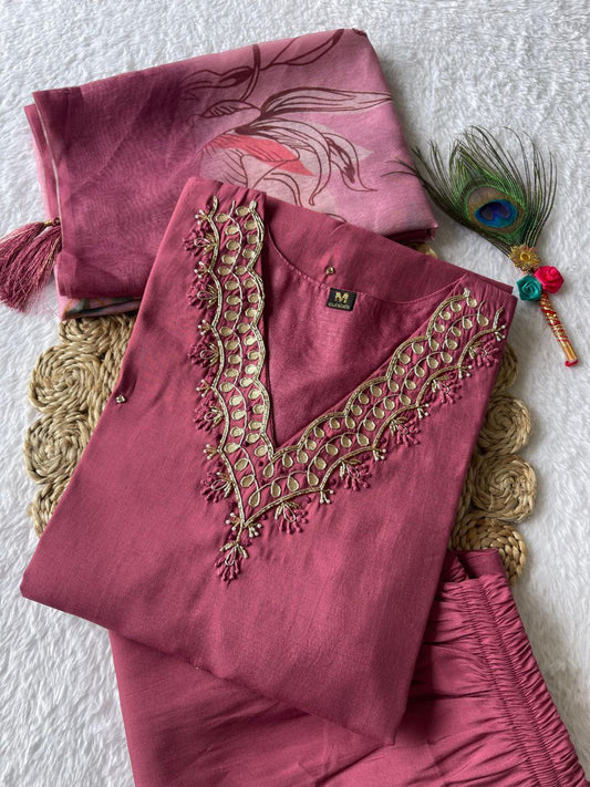Alluring Dull Magenta Roman Silk Handworked Kurta Pant Dupatta Set - INDIAN ELEGANCE