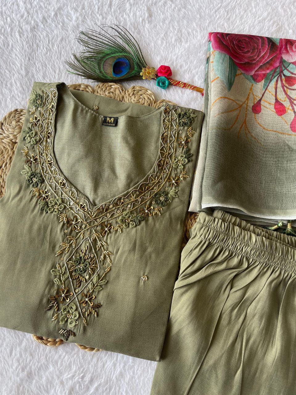 Divine Light Mehendi Roman Silk Handworked Kurta Pant Dupatta Set - INDIAN ELEGANCE