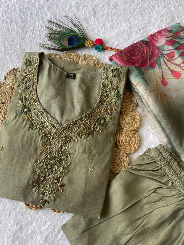 Divine Light Mehendi Roman Silk Handworked Kurta Pant Dupatta Set - INDIAN ELEGANCE