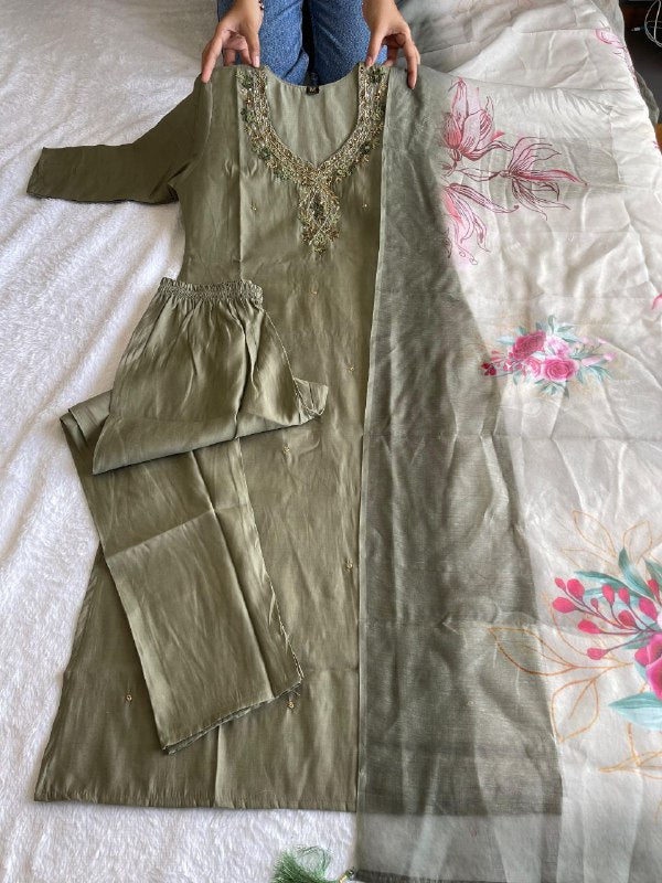Divine Light Mehendi Roman Silk Handworked Kurta Pant Dupatta Set - INDIAN ELEGANCE