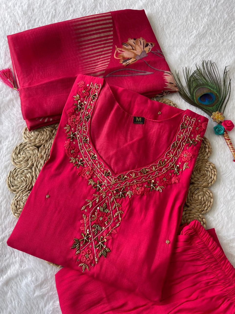 Stylish Tomato Roman Silk Handworked Kurta Pant Dupatta Set - INDIAN ELEGANCE