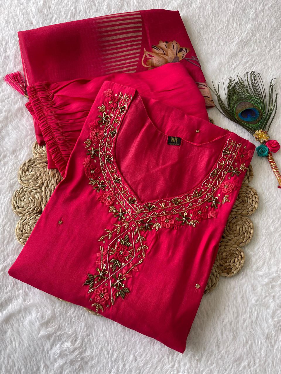 Stylish Tomato Roman Silk Handworked Kurta Pant Dupatta Set - INDIAN ELEGANCE