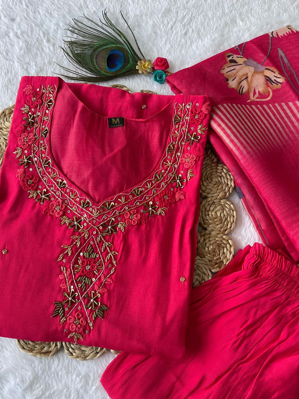 Stylish Tomato Roman Silk Handworked Kurta Pant Dupatta Set - INDIAN ELEGANCE