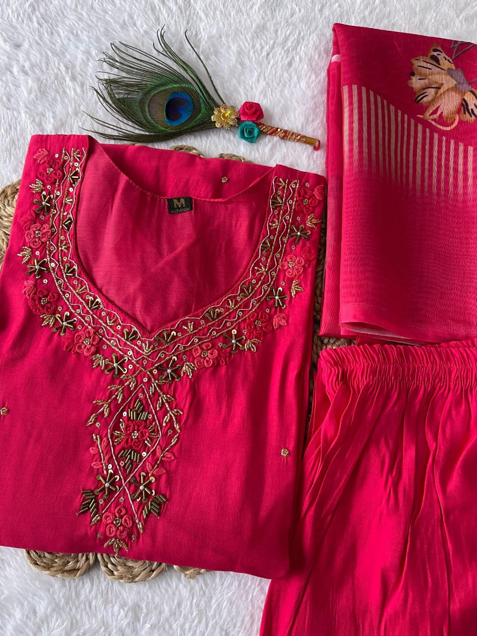 Stylish Tomato Roman Silk Handworked Kurta Pant Dupatta Set - INDIAN ELEGANCE