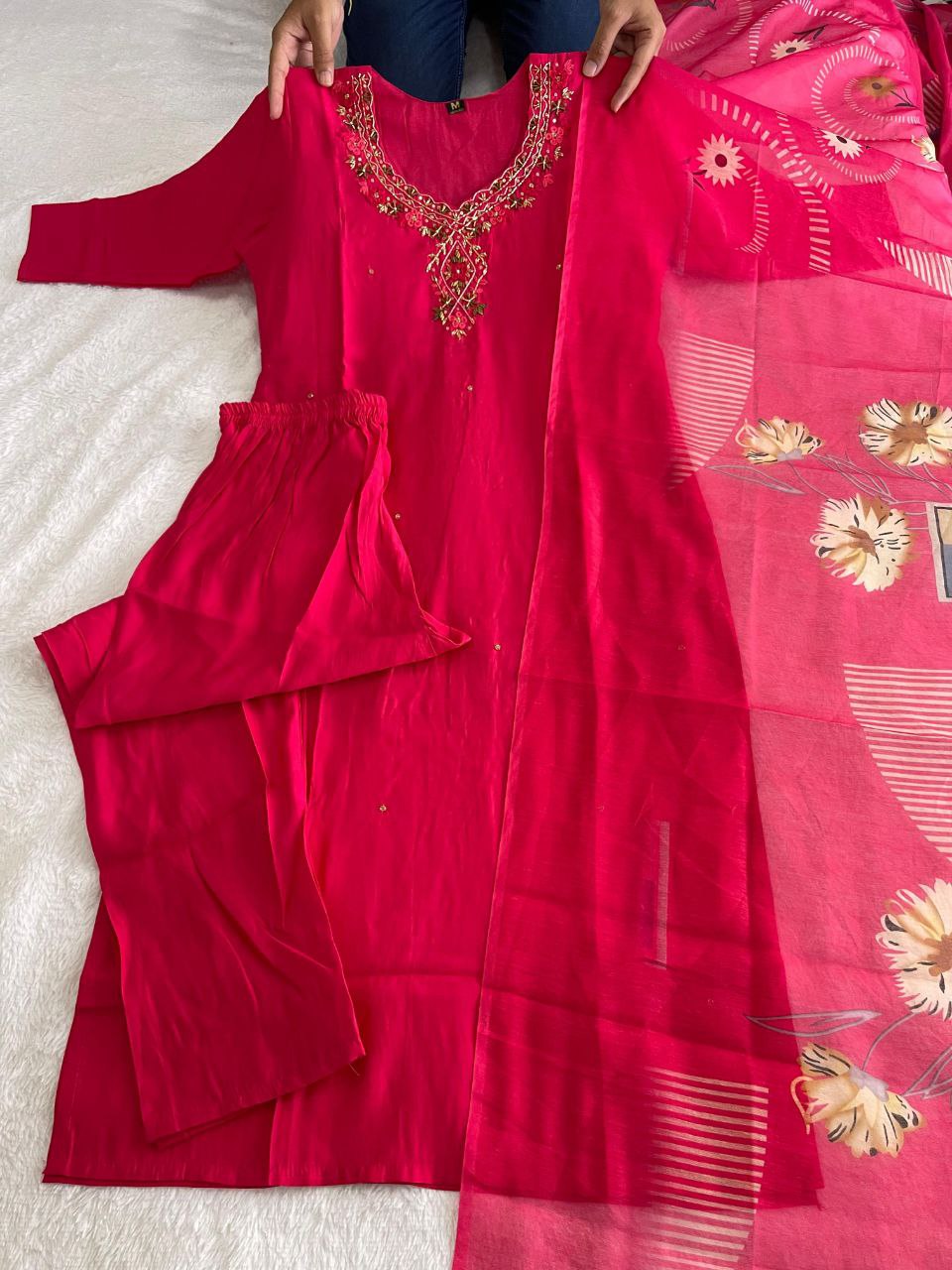 Stylish Tomato Roman Silk Handworked Kurta Pant Dupatta Set - INDIAN ELEGANCE