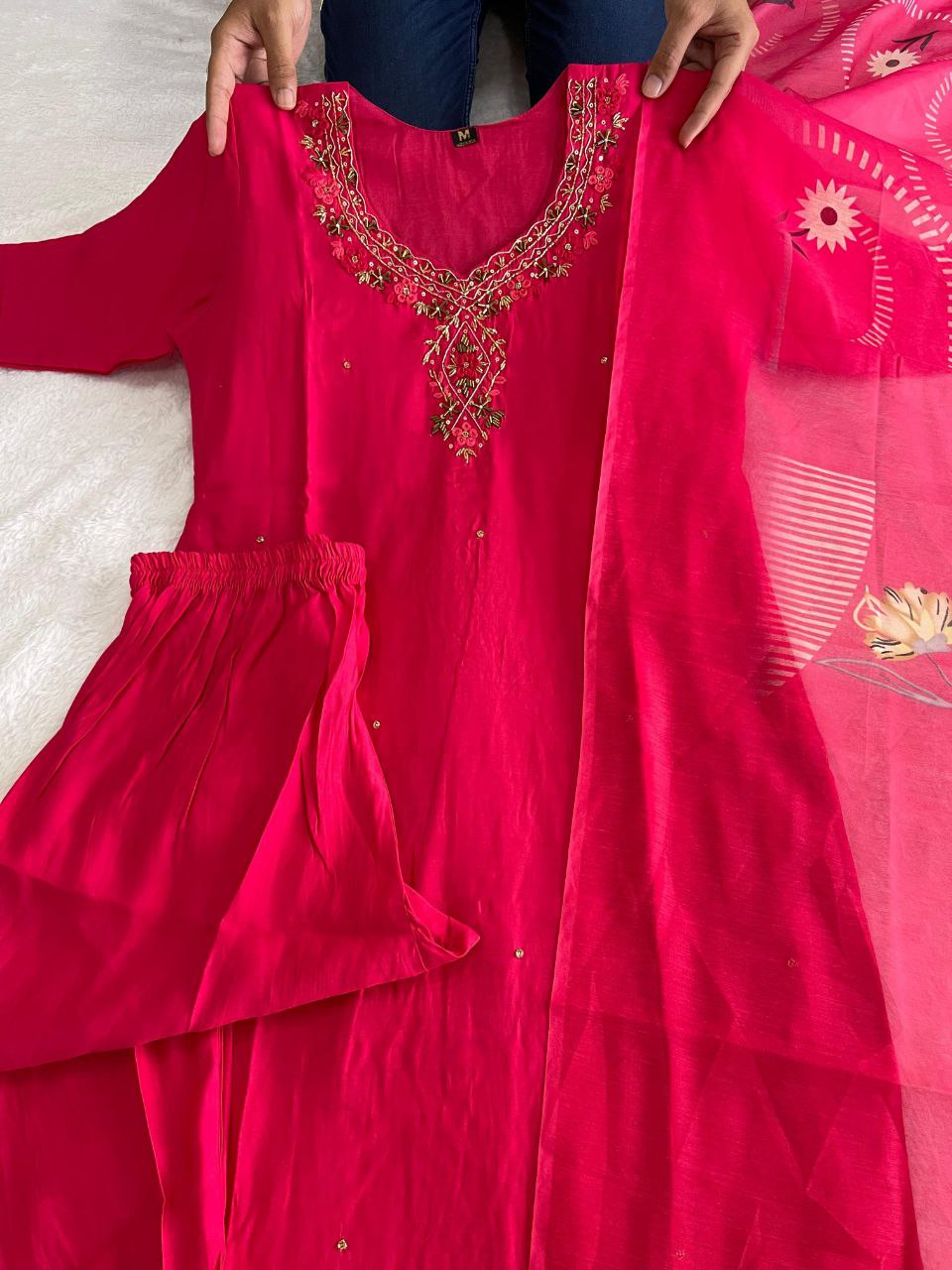 Stylish Tomato Roman Silk Handworked Kurta Pant Dupatta Set - INDIAN ELEGANCE