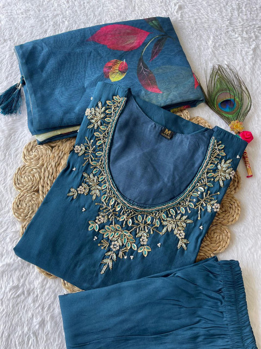 Divine Morpich Roman Silk Handworked Kurta Pant Dupatta Set - INDIAN ELEGANCE