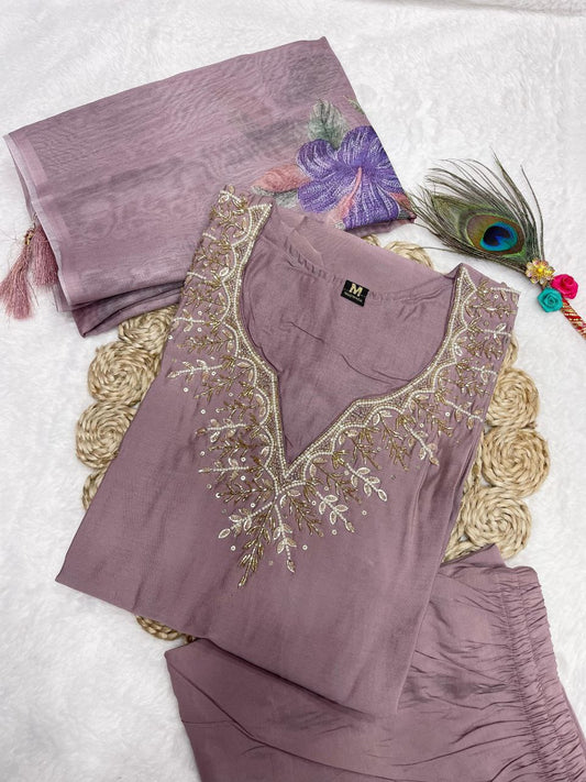 Stylish Ice Peach Roman Silk Handworked Kurta Pant Dupatta Set - INDIAN ELEGANCE