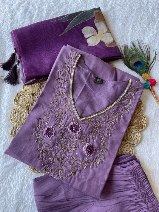 Ravishing Light Purple Roman Silk Handworked Kurta Pant Dupatta Set - INDIAN ELEGANCE