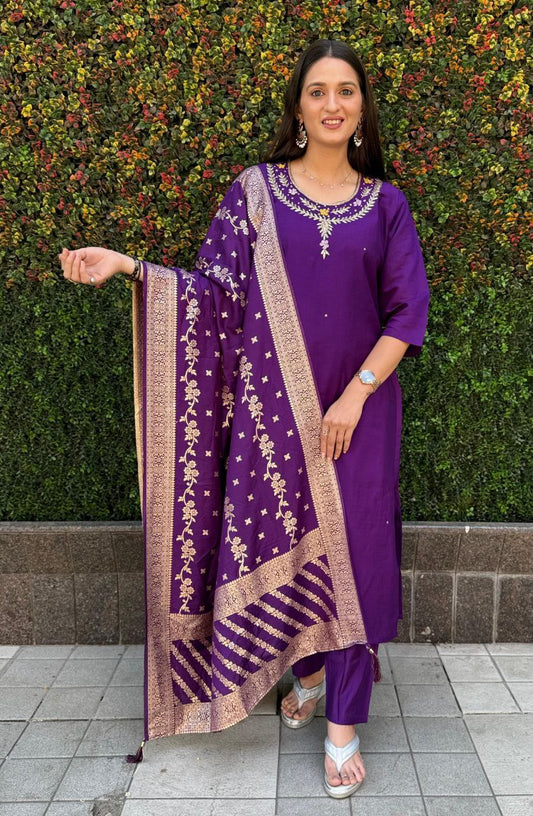 Radiant Purple Roman Silk Handworked Kurta Pant Dupatta Set - INDIAN ELEGANCE
