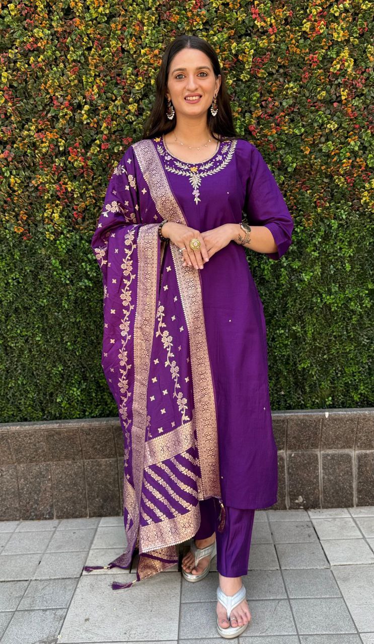 Radiant Purple Roman Silk Handworked Kurta Pant Dupatta Set - INDIAN ELEGANCE