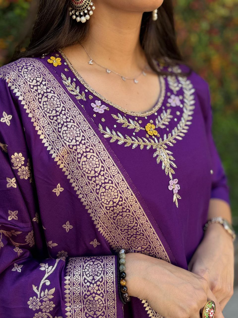 Radiant Purple Roman Silk Handworked Kurta Pant Dupatta Set - INDIAN ELEGANCE