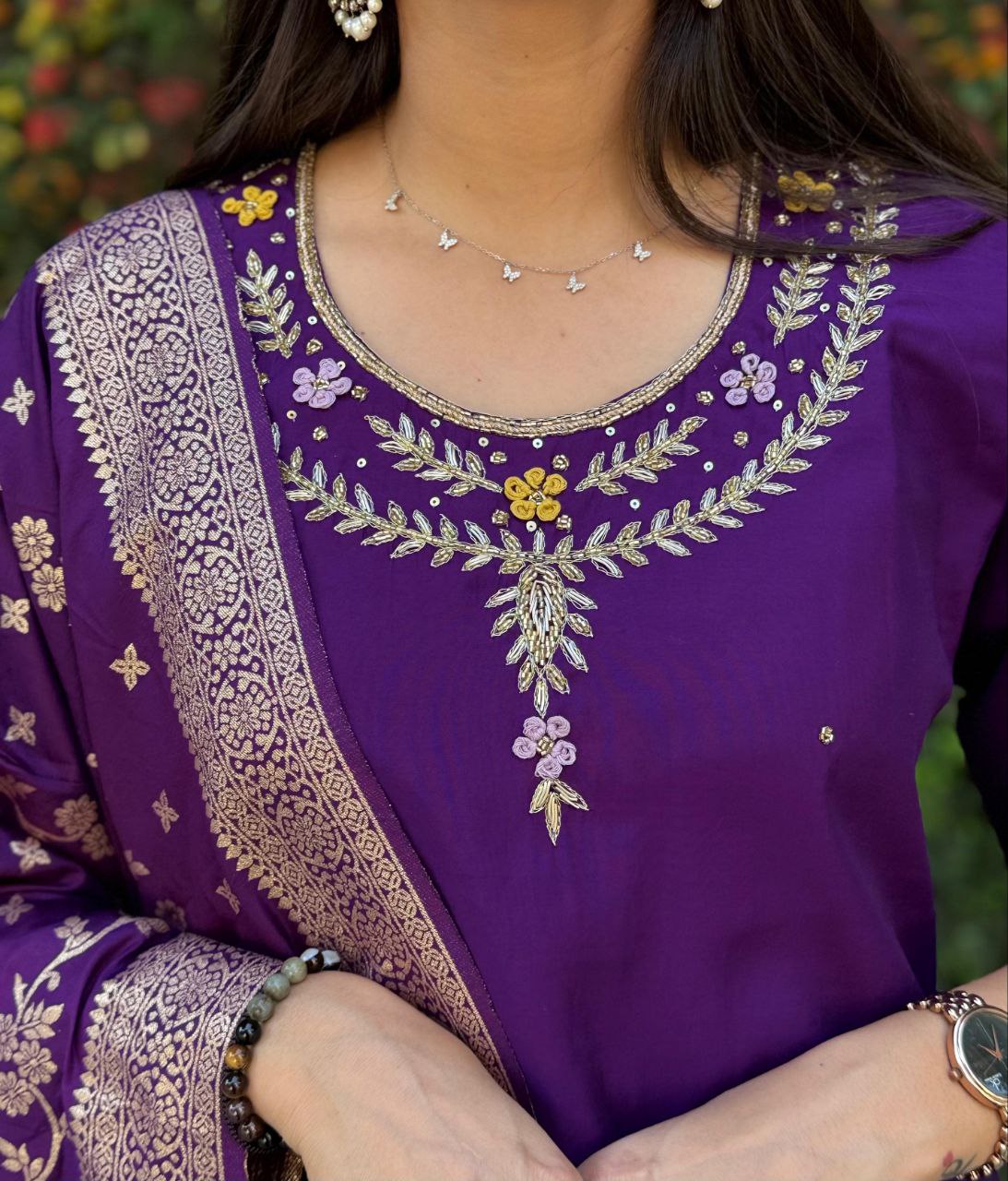 Radiant Purple Roman Silk Handworked Kurta Pant Dupatta Set - INDIAN ELEGANCE