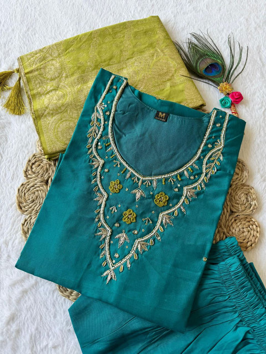 Exquisite Rama Roman Silk Handworked Kurta Pant Dupatta Set - INDIAN ELEGANCE